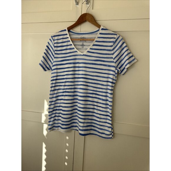 Womens Croft &Barrow V Neck White BLUE Striped Cotton Tee Top Sz M - Picture 7 of 10